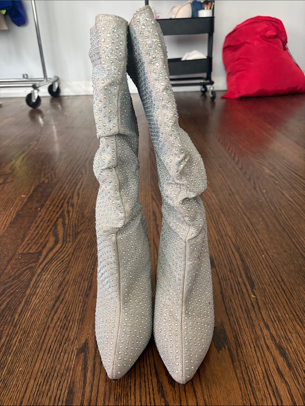 Bamboo "Immerse" Rhinestone-Studded Knee-High Slouch Boots.